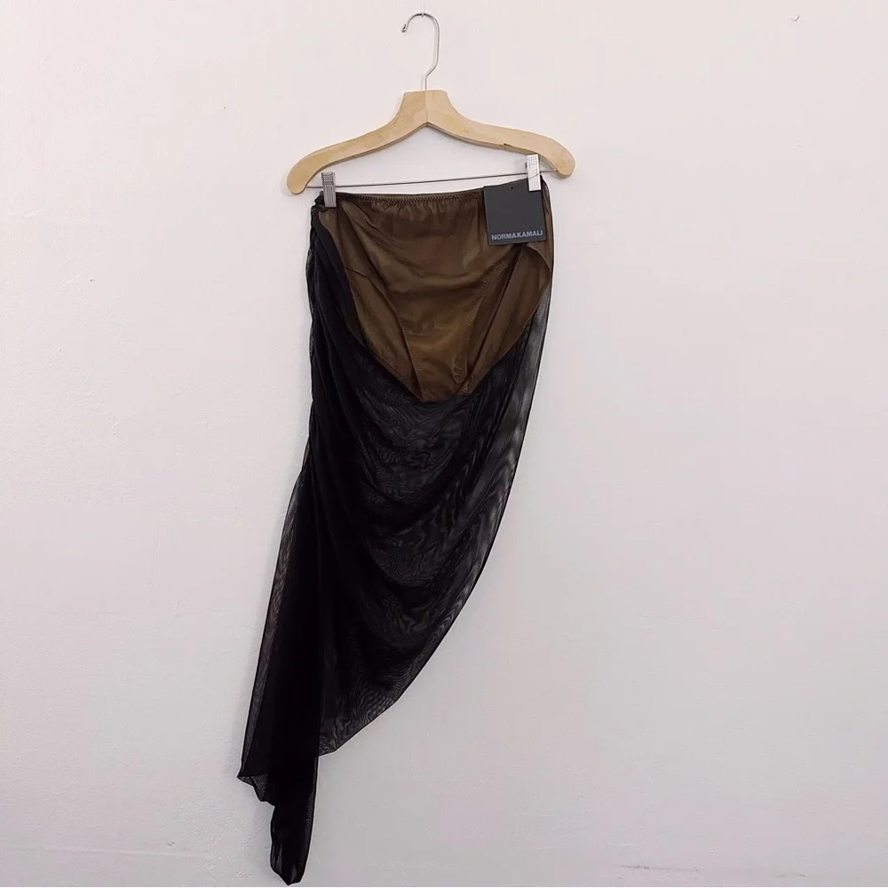 Norma Kamali Diana Ruched Mesh Maxi Skirt Black Nude - Picture 2 of 9